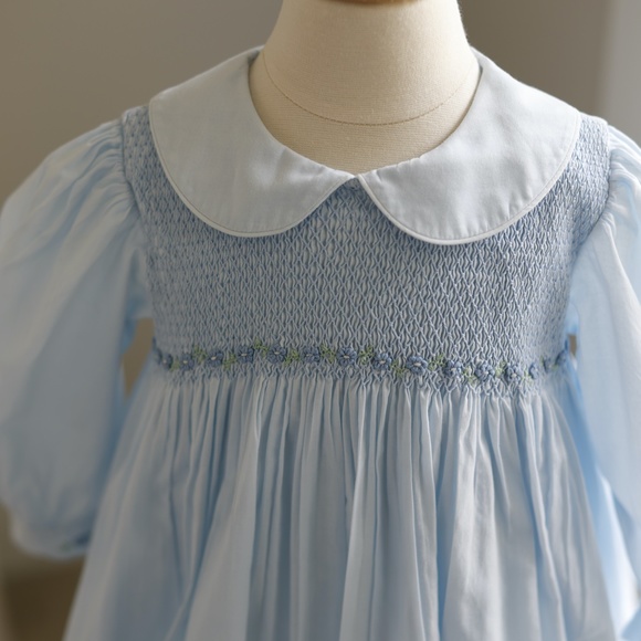 Strasburg Dress Long Sleeve Light Blue Hand Smocked Embroidery Like New - Picture 4 of 6